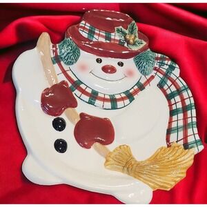 Fitz and Floyd PLAID CHRISTMAS SNOWMAN CANAPE PLATE 2001
